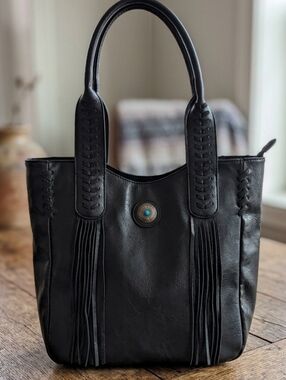 Sam & Hadley Western Black Faux Leather Fringe Tote Bag with Turquoise Concho